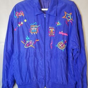 Vintage Cache Blue Embroidered Silk 100% Women's Jacket Zipper Elastic Size M